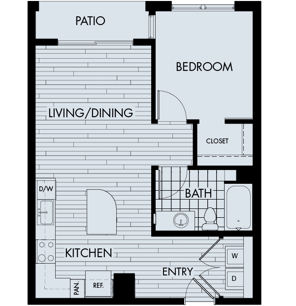 Floor plan 1C. A one bedroom, one bath floor plan at The York on City Park Apartments in City Park West.
